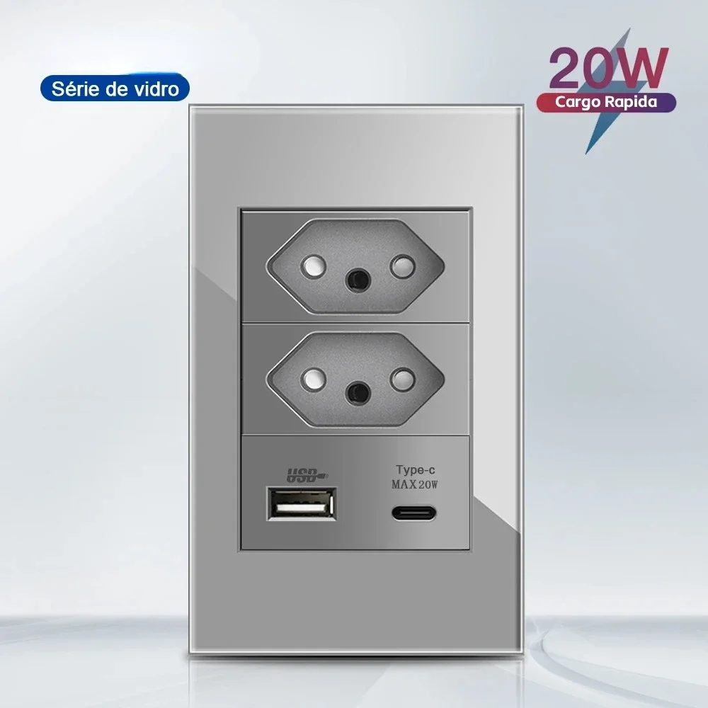 Melery  Brazil USB Wall Socket Fast Charge Type C  PD 20W White Black Gray 118*72mm Outlet 20A Tempered Glass Panel Home Office-Melery