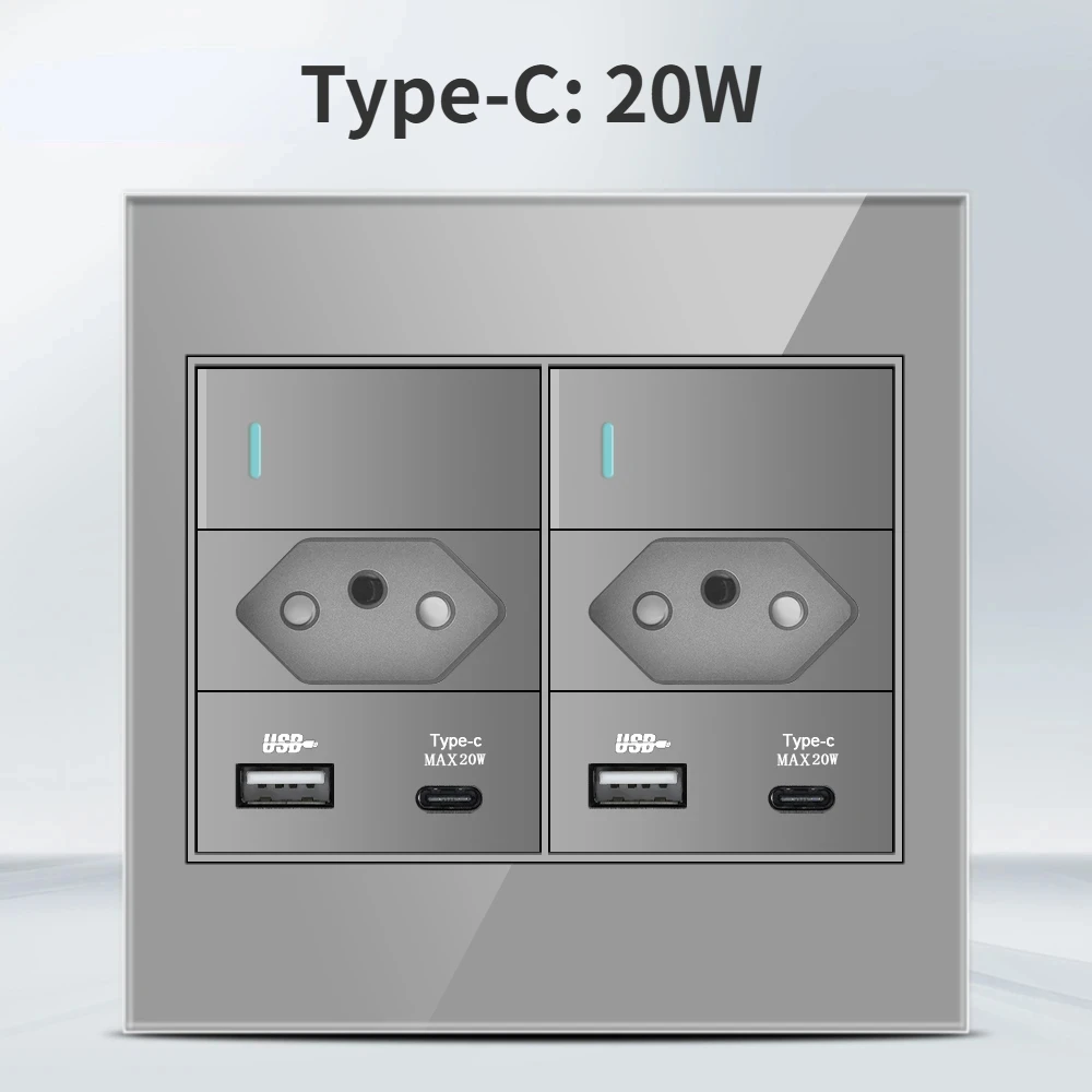 Melery  4x4 Fireproof Glass Panel Brazil Standard Outlet Double USB Type C 10/20W Wall Power Socket Light Switch Office Grey 20A-Melery