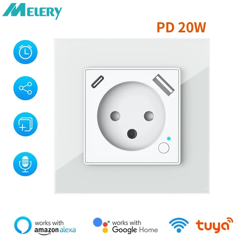 Melery Israel Wall Socket Tuya WiFi Smart Power Plug Outlet USB Type-C PD 20W Charge Port for Iphone by Alexa Dot Google Home-Melery
