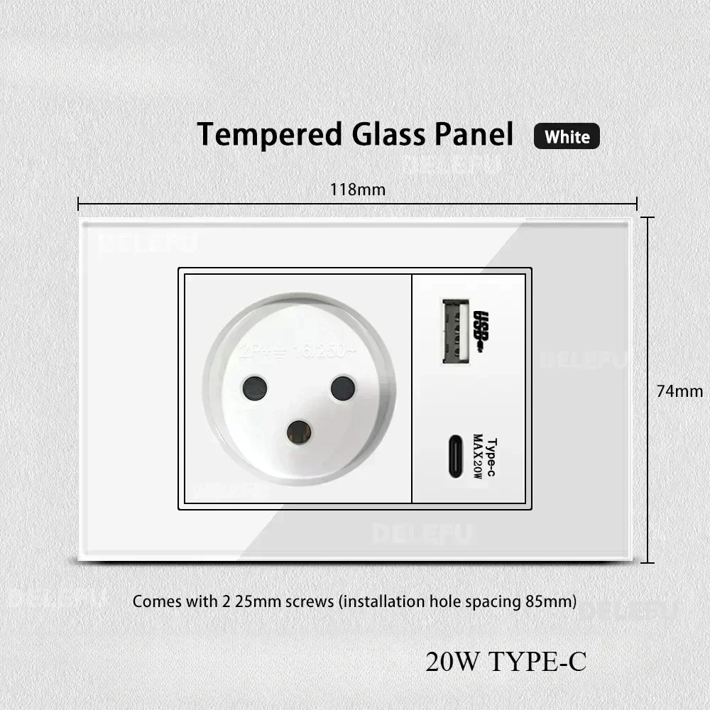 Melery White Tempered Glass Israel Standard USB Type C Fast Charging Wall Socket Light Switch Satellite TV Tel CAT5 CAT6-Melery
