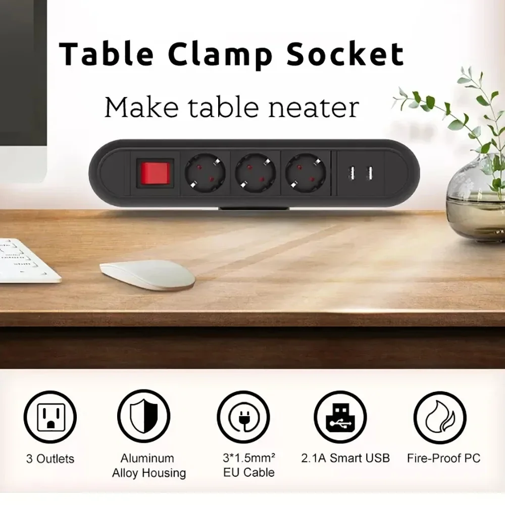 Melery  EU Plug Socket Hidden Power Strip Smart USB Charge Germany Table Clamp Outlet Clip 2m Extension Cord Kitchen Office Desk-Melery