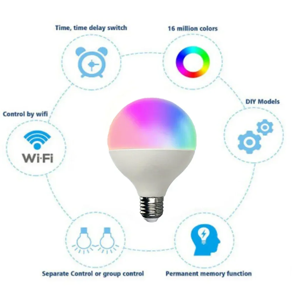 Melery Wifi Smart E27 LED Light Bulb G95 12W 1200lm Equivalen 100-240V Warm Cool White RGB Colour Changing Spot Lamp Alexa Google Home-Melery