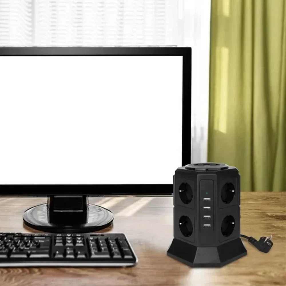 Meler Vertical Power Strip Surge Protector Multiple Sockets EU Electrical Plug Outlet USB Type-C Fast Charger 2m Extension Cable-Melery