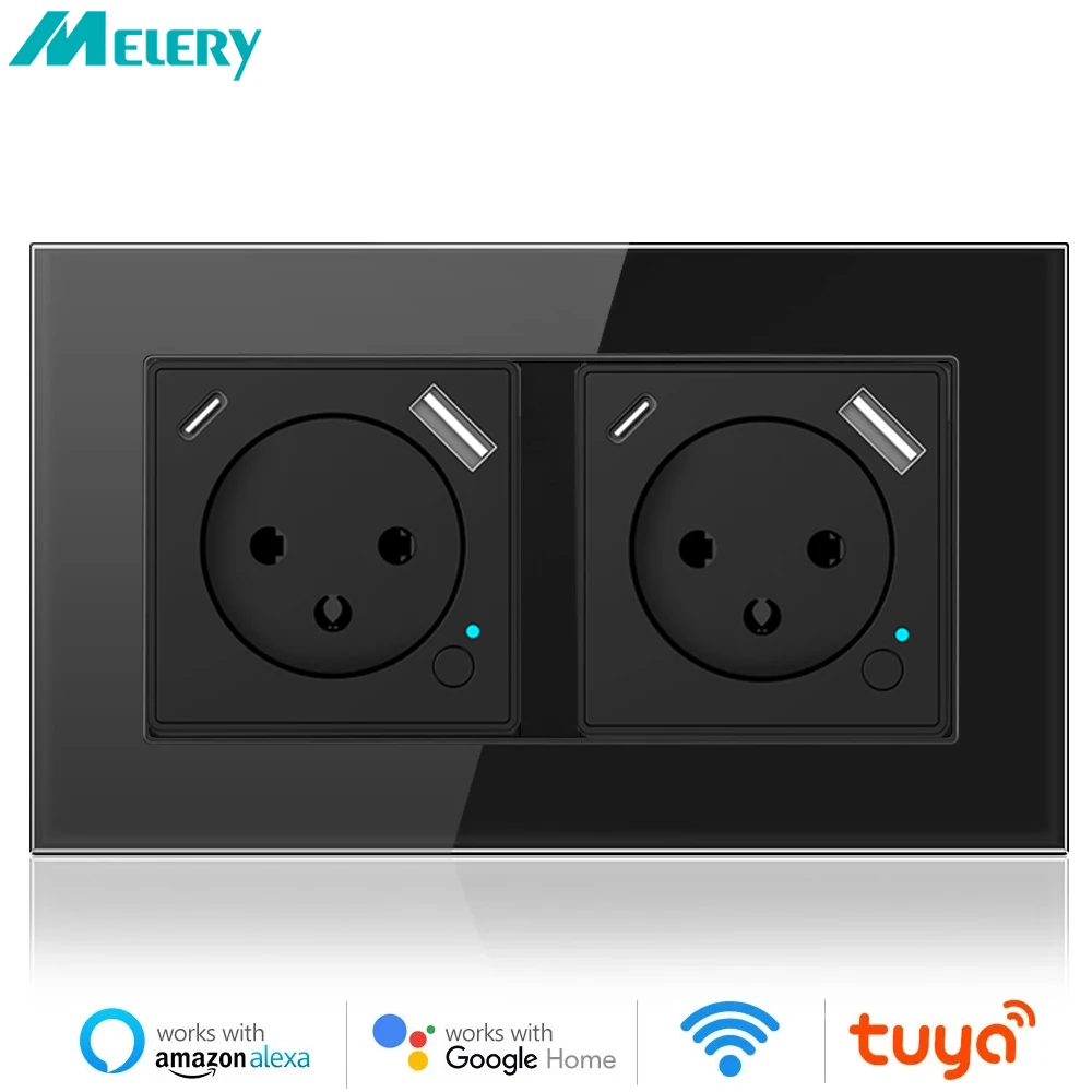Melery  Tuya WiFi Smart Israel WallSwitch Socket EU Power Plug Outlet USB Type-C PD20W ChargePort for Iphone Alexa Dot GoogleHome-Melery