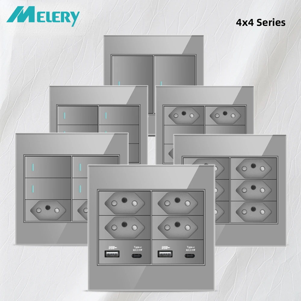 Melery  4x4 Fireproof Glass Panel Brazil Standard Outlet Double USB Type C 10/20W Wall Power Socket Light Switch Office Grey 20A-Melery