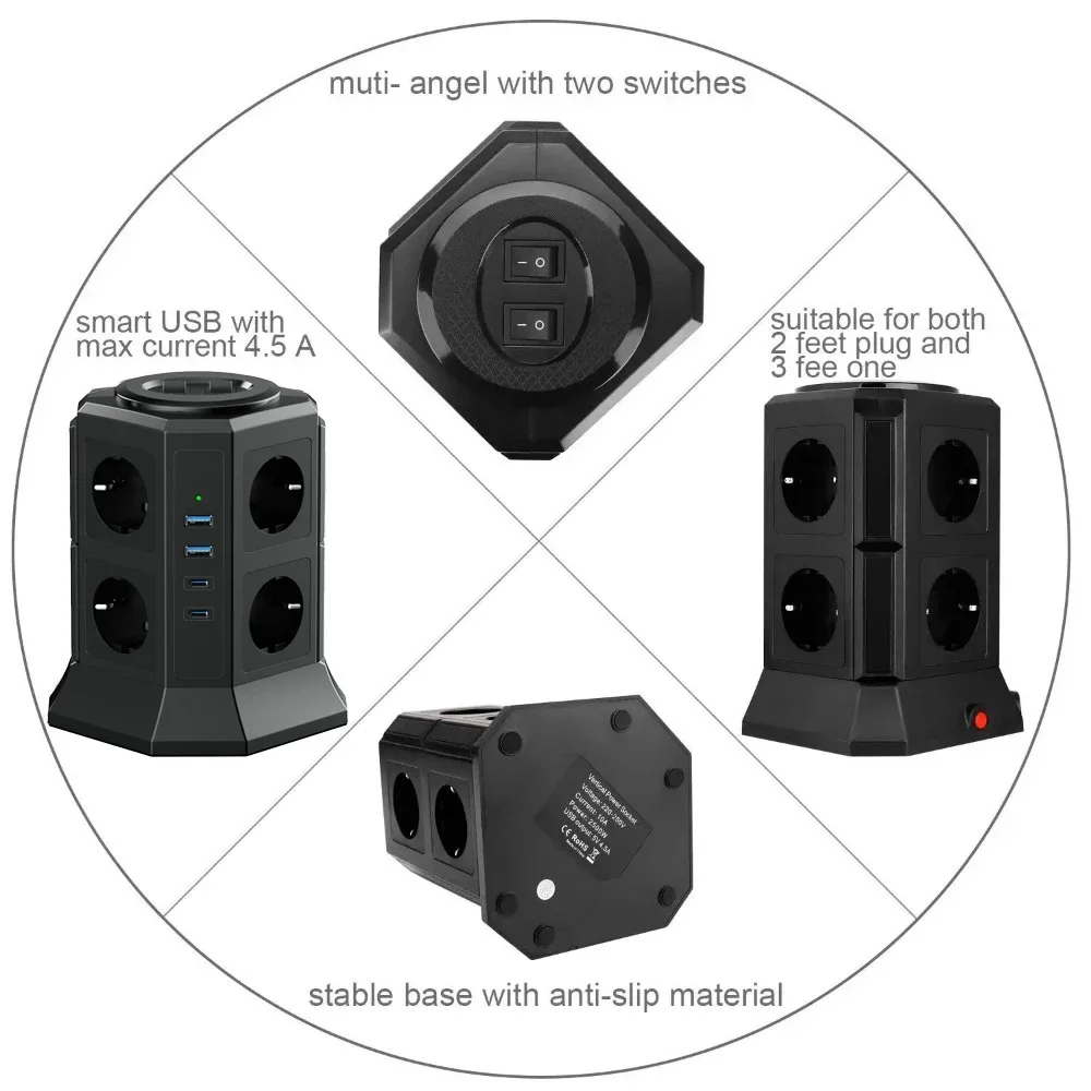 Meler Vertical Power Strip Surge Protector Multiple Sockets EU Electrical Plug Outlet USB Type-C Fast Charger 2m Extension Cable-Melery