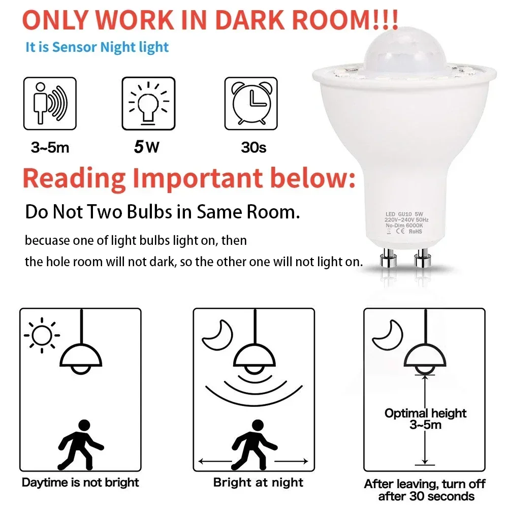 Melery  GU10 PIR Motion Night Light Sensor LED Bulbs 50W Equivalent 500lm Day White Stairs Garage Corridor Walkway Hallway 2Pack-Melery