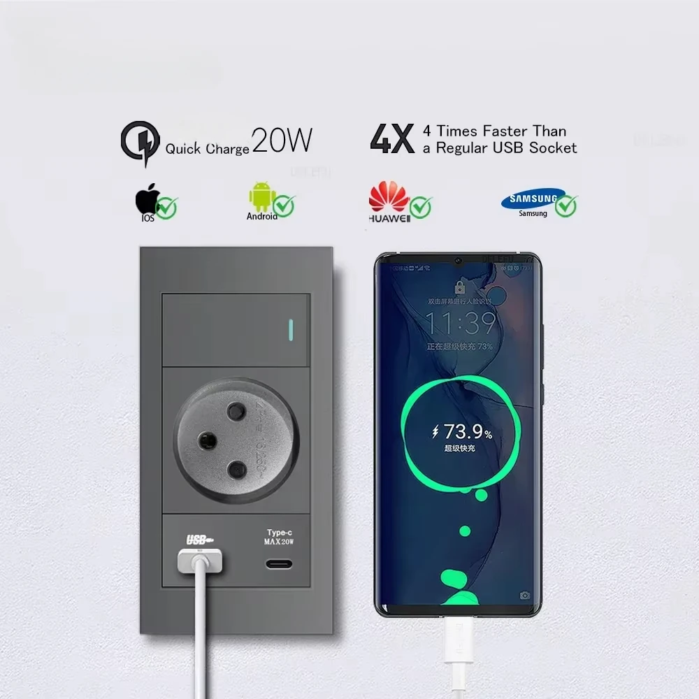 Melery Flame Retardant SC31 Panel 145mm Gray Israel Standard USB TypeC Fast Charging Wall Socket Switch TV Tel CAT5 CAT6-Melery