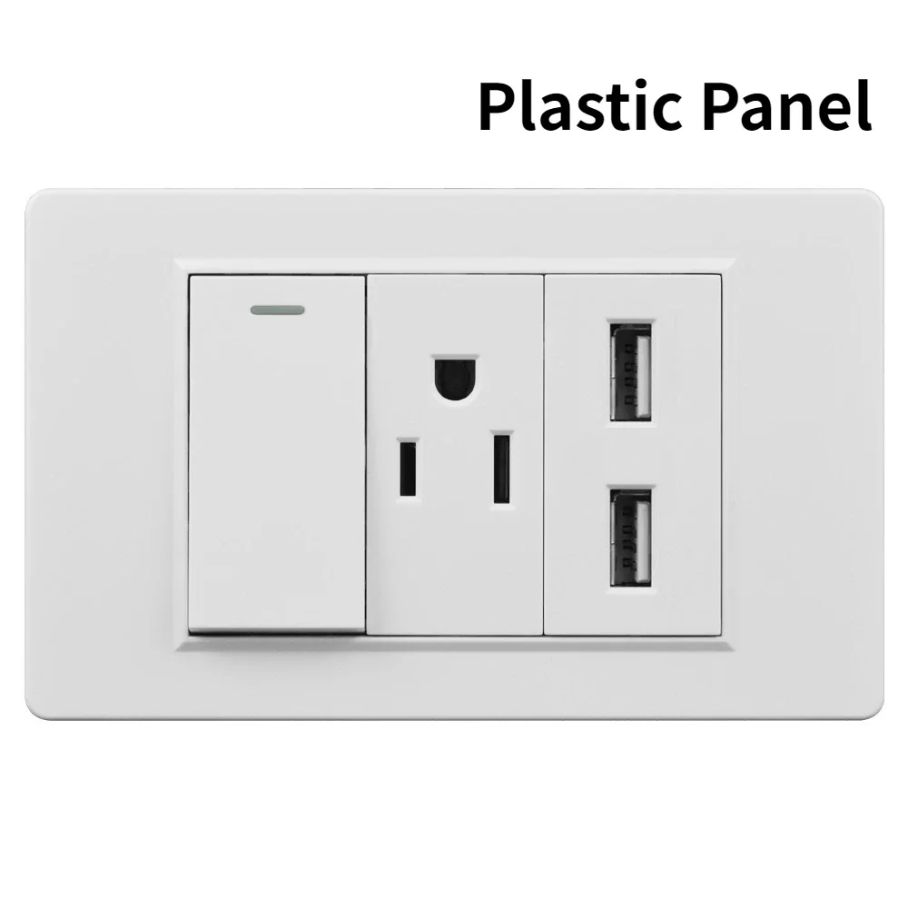 Melery US Power Wall Socket USB Type C Light Switch Double Pole Plastic&Glass Panel Outlet Plate Home Office Electrical Plug-Melery