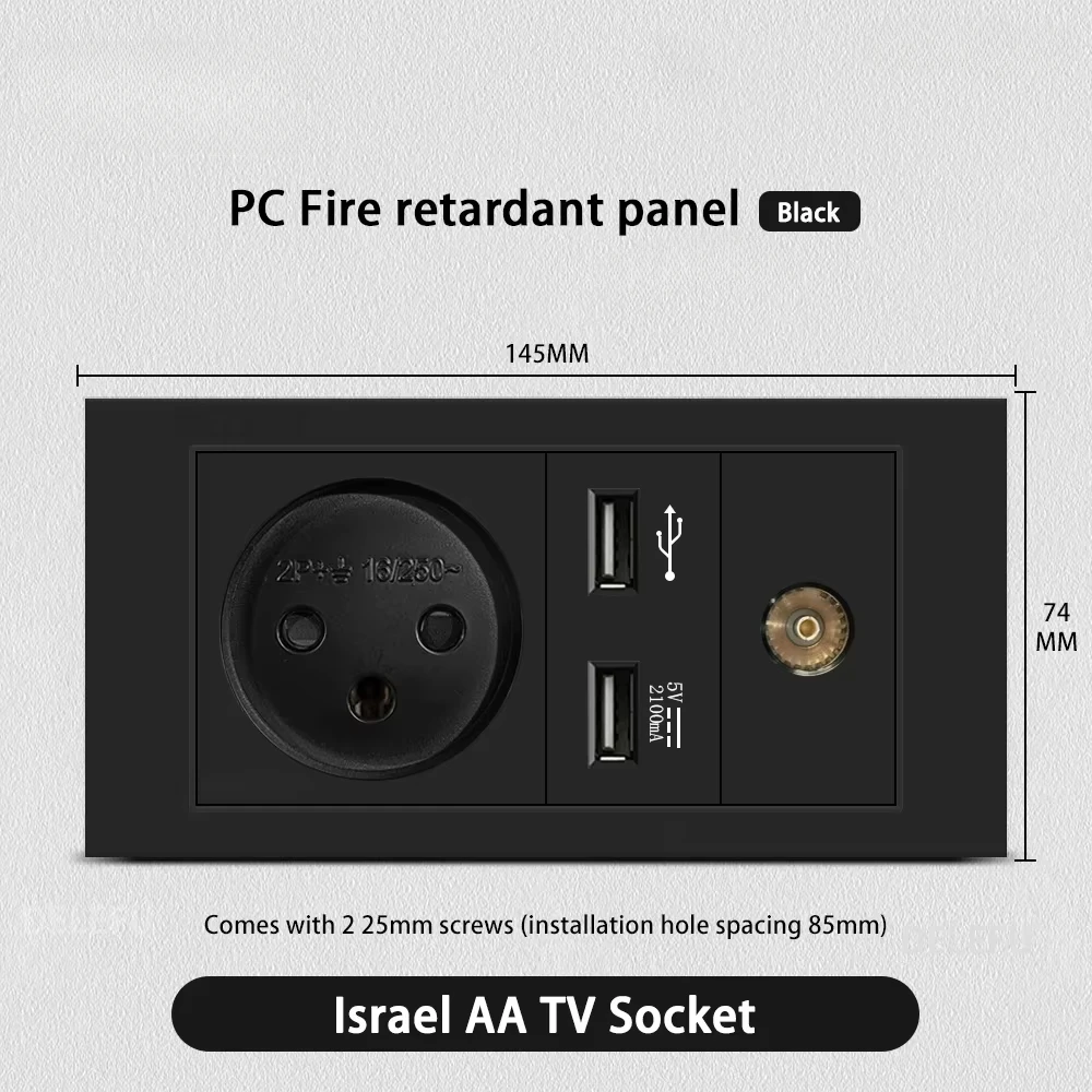 Melery Flame Retardant SC31 Panel 145mm Black Israel Standard USB TypeC Fast Charging Wall Socket Switch TV Tel CAT5 CAT6-Melery