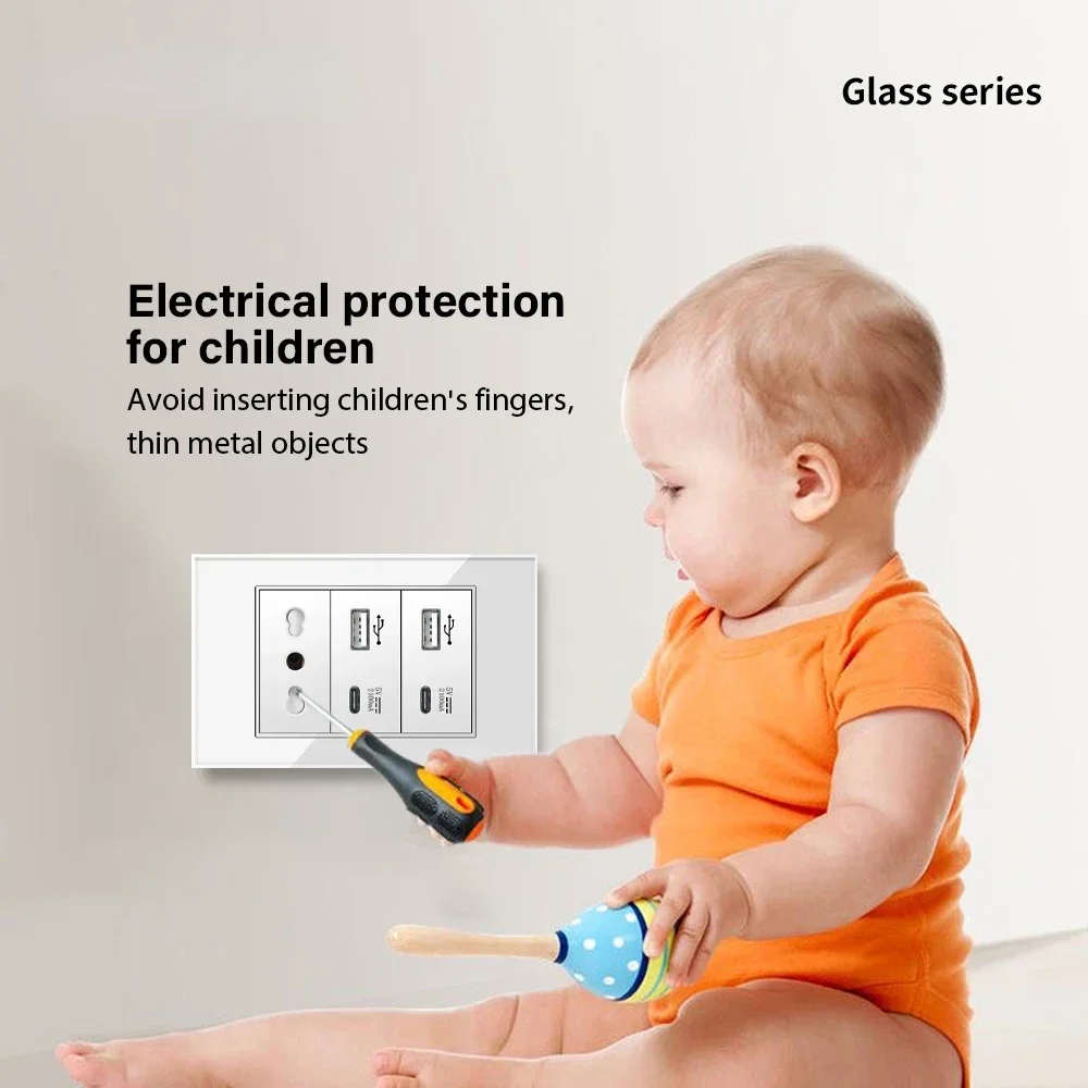 Melery Chile Italy Standard White Tempered Glass Home Office EU Outlet USb Type C Korea Wall Socket Light Pressure Switch 118-Melery