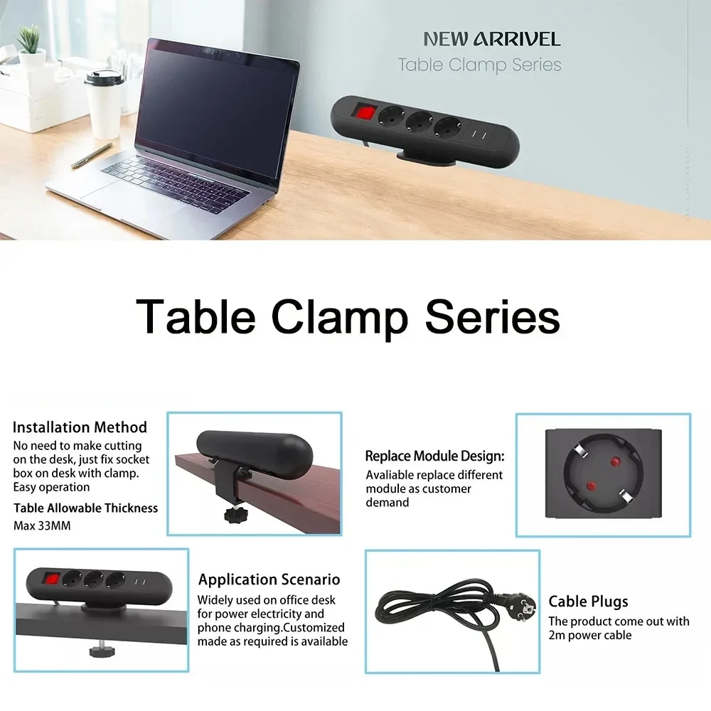 Melery  EU Plug Socket Hidden Power Strip Smart USB Charge Germany Table Clamp Outlet Clip 2m Extension Cord Kitchen Office Desk-Melery