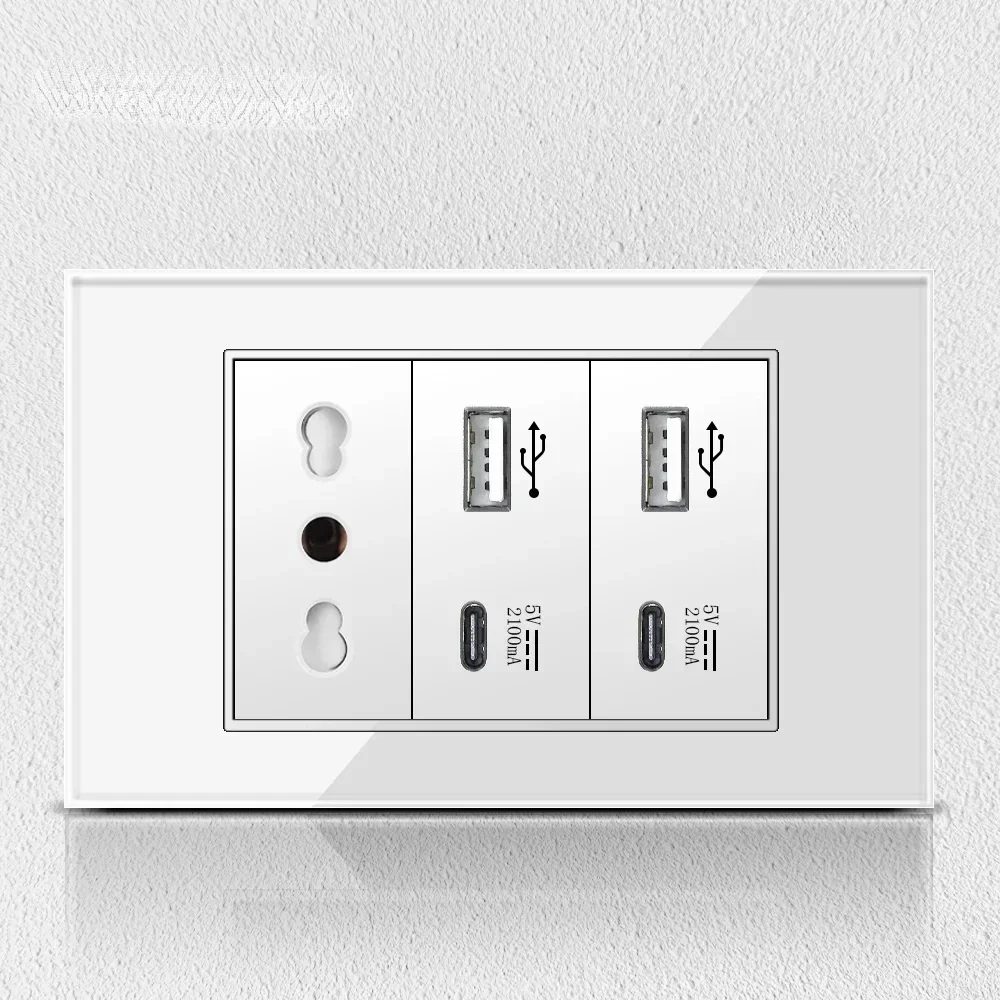 Melery Chile Italy Standard White Tempered Glass Home Office EU Outlet USb Type C Korea Wall Socket Light Pressure Switch 118-Melery