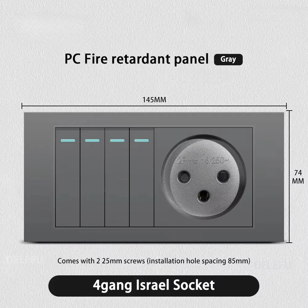 Melery Flame Retardant SC31 Panel 145mm Gray Israel Standard USB TypeC Fast Charging Wall Socket Switch TV Tel CAT5 CAT6-Melery
