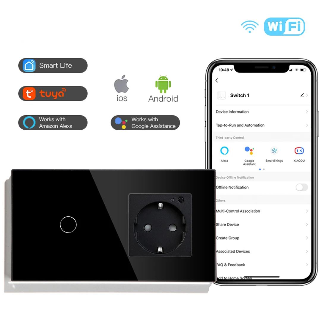 Melery  Smart Wifi Light Switch EU Socket Crystal Glass Panel Touch Sensor 1/2/3Gang Wireless Remote by Tuya Alexa Google Home-Melery