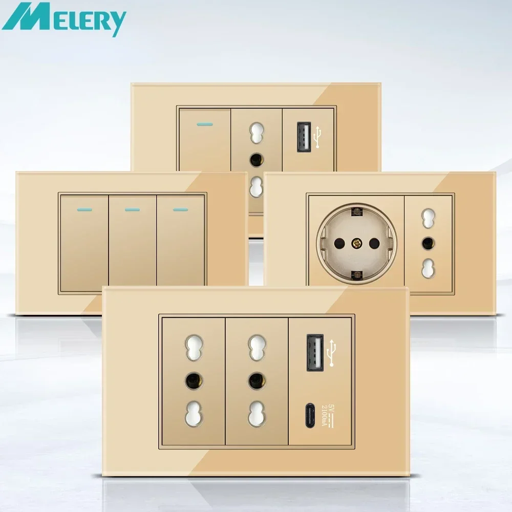 Melery Italy Chile Tempered Gold Glass Home Office EU Korean Outlet USB TypeC Korea Wall Socket Light Pressure Switch Electrical-Melery