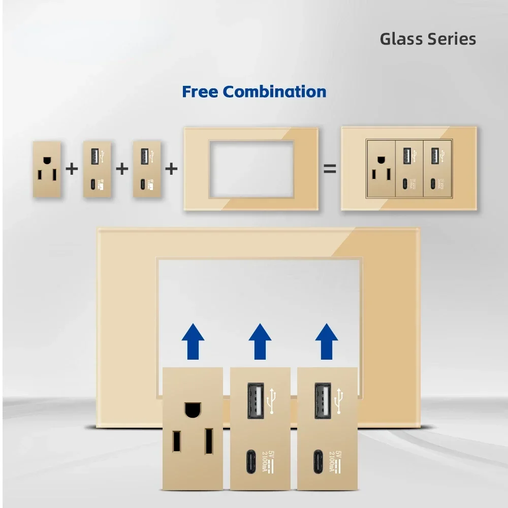 Melery Italy Chile Tempered Gold Glass Home Office EU Korean Outlet USB TypeC Korea Wall Socket Light Pressure Switch Electrical-Melery