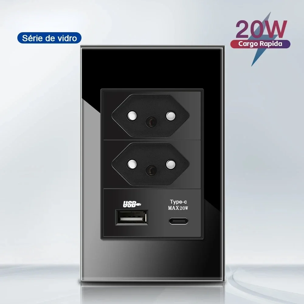 Melery  Brazil USB Wall Socket Fast Charge Type C  PD 20W White Black Gray 118*72mm Outlet 20A Tempered Glass Panel Home Office-Melery