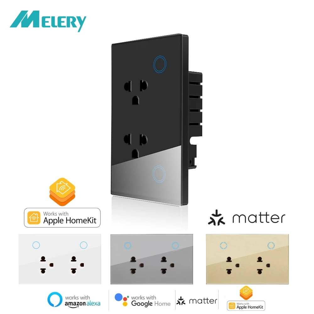 Melery Matter WiFi Smart Plug Thailand Socket Touch Glass Panel Power Outlet,Voice Remote Control Homekit App,Alexa,Google Home-Melery