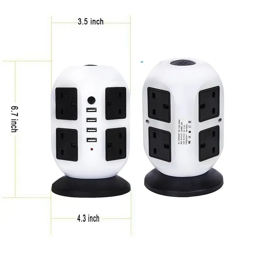 Melery Tower Power Strip Vertical UK Plug Adapter Outlets 8 way AC Multi Electrical Sockets with USB Surge Protector 3m Extension Cord-Melery