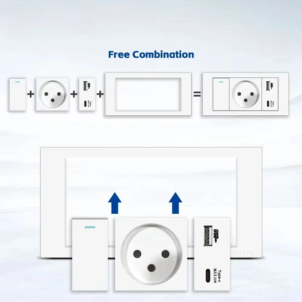 Melery Flame Retardant SC31 Panel 145mm White Israel Standard USB TypeC Fast Charging Wall Socket Switch TV Tel CAT5 CAT6-Melery