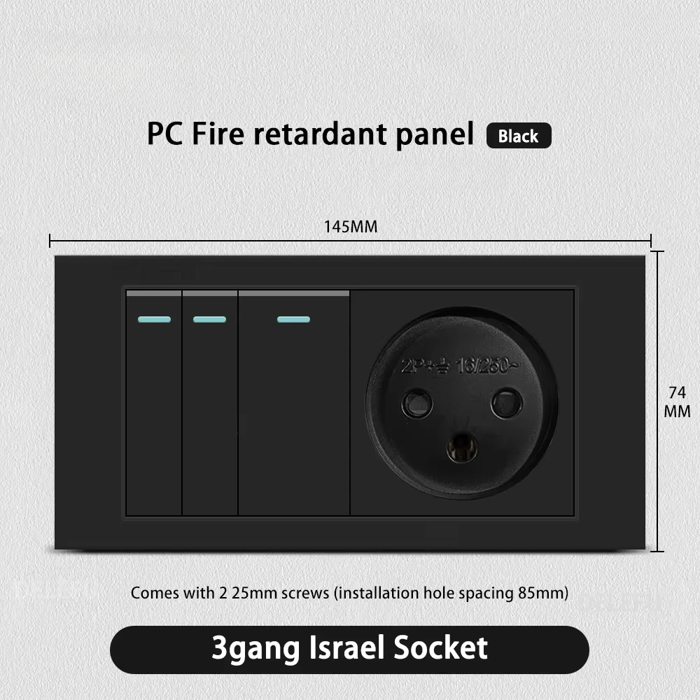Melery Flame Retardant SC31 Panel 145mm Black Israel Standard USB TypeC Fast Charging Wall Socket Switch TV Tel CAT5 CAT6-Melery