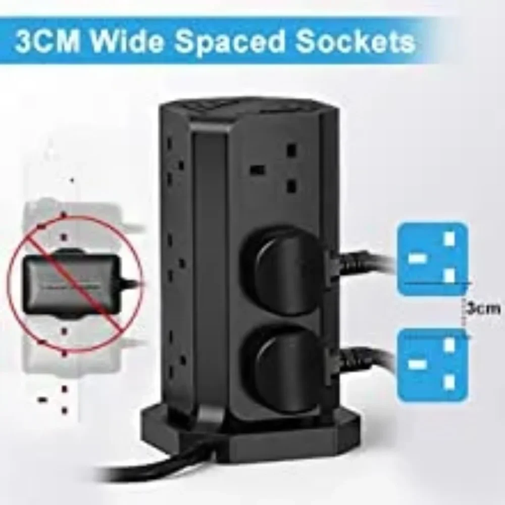 Melery  UK Tower Power Strip Surge Protector Plug Outlets Vertical Socket USB Charge Port Type C 1.8m Extenstion Cord Home Office-Melery