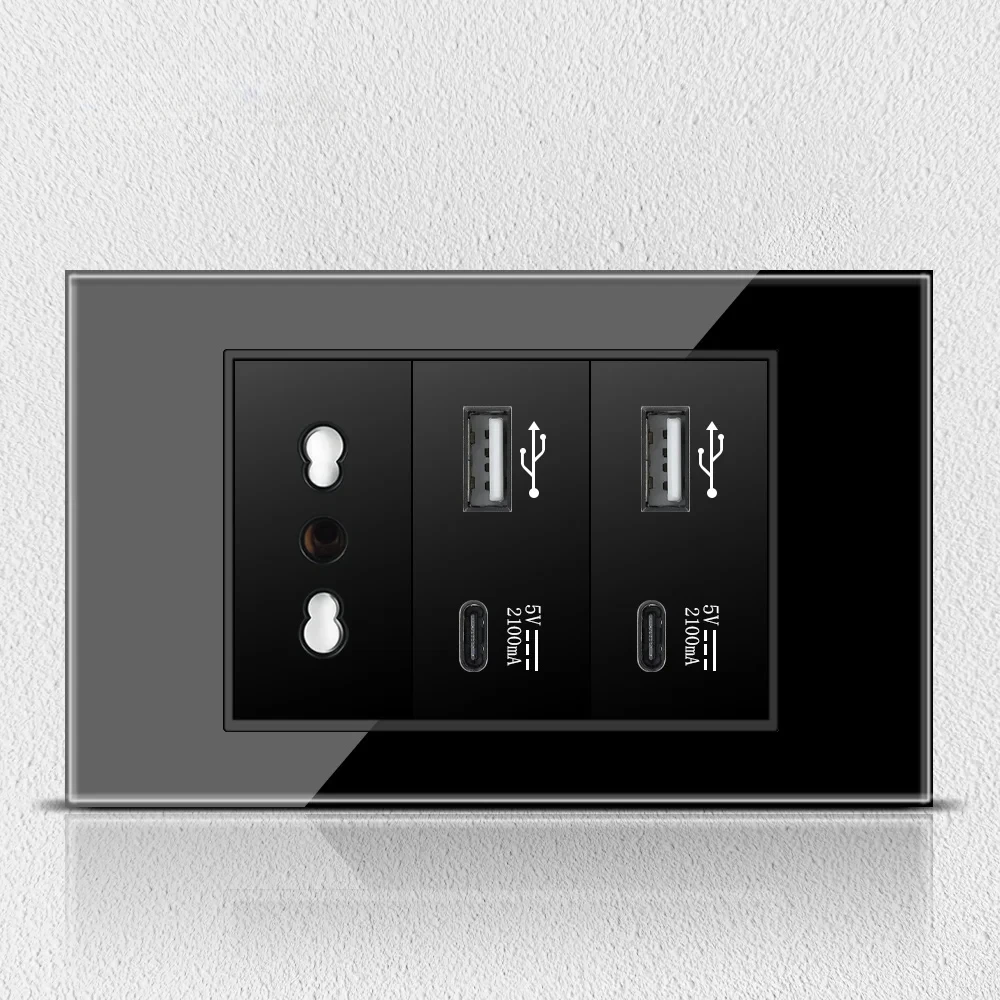 Melery  Black Tempered Glass Italy Standard Home Office EU Outlet USb Type C Chile Korea Wall Socket Light Pressure Switch 118-Melery