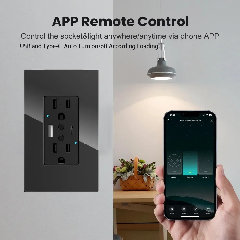 Melery Wifi Smart Tuya US Wall Socket USB Type-C PD 20W Fast Charge Outlet Electrical Plug Glass Panel Remote Alexa Google Home-Melery