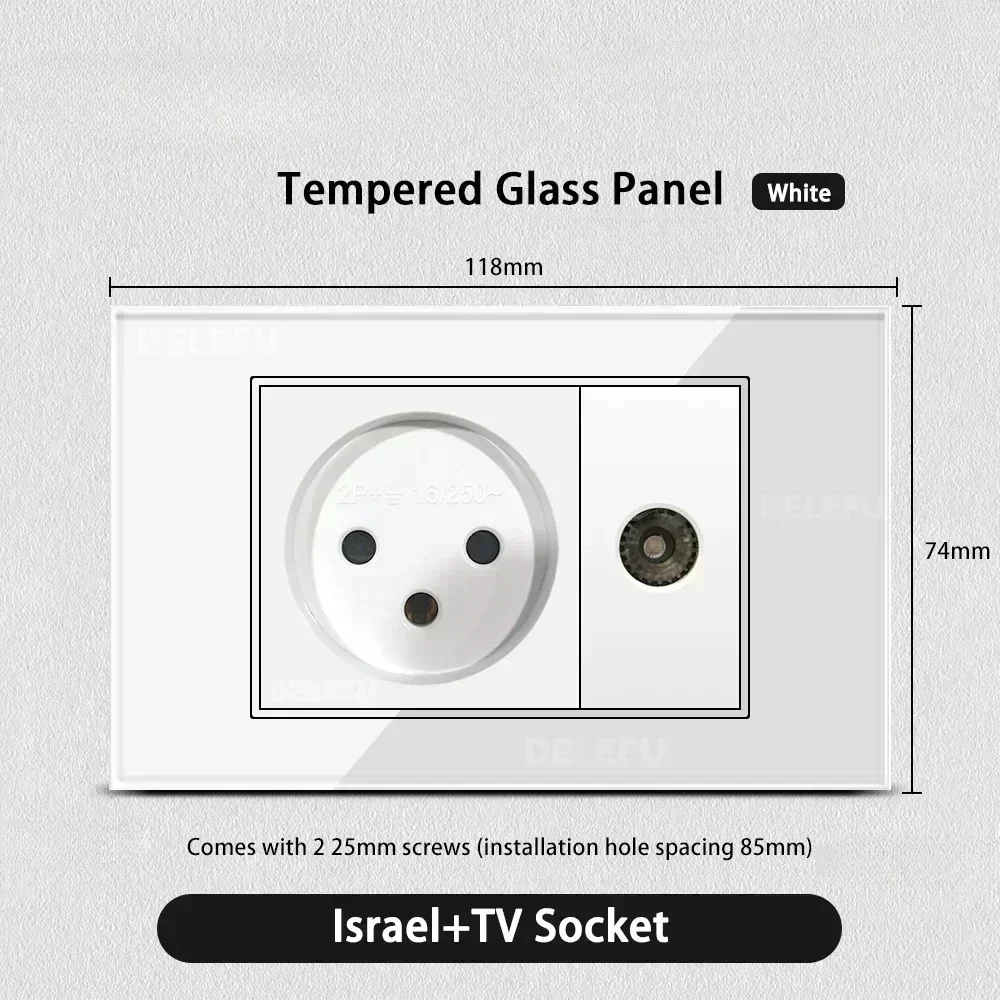 Melery White Tempered Glass Israel Standard USB Type C Fast Charging Wall Socket Light Switch Satellite TV Tel CAT5 CAT6-Melery