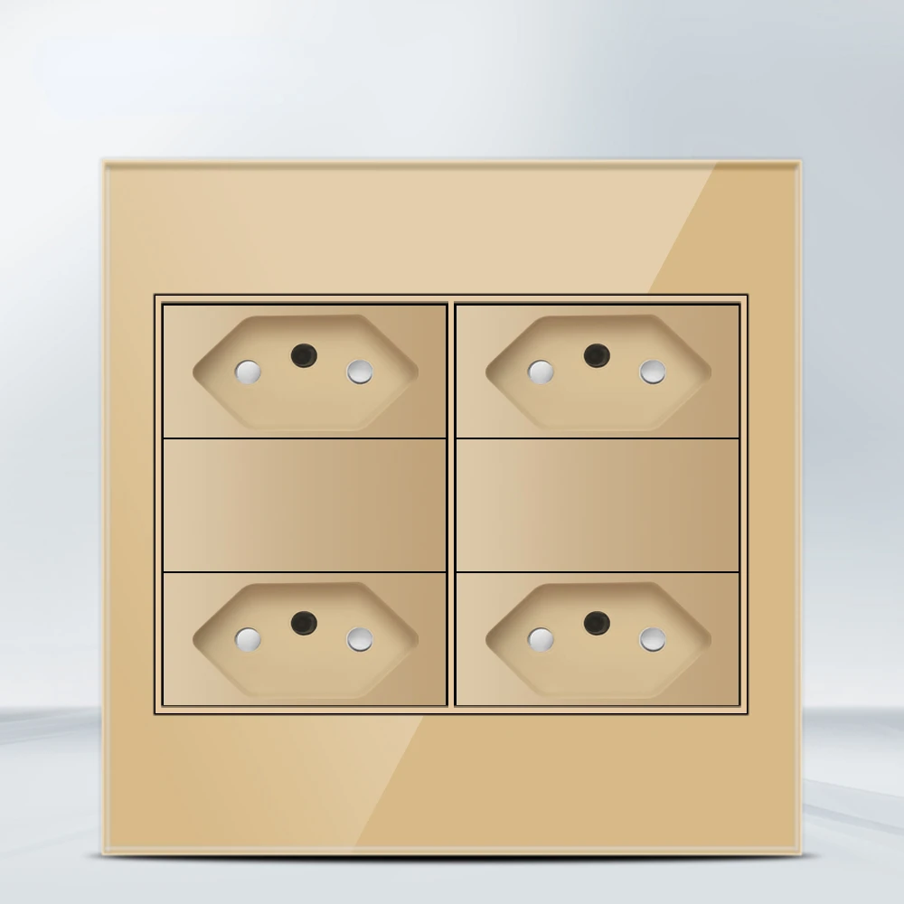 Melery  4x4 Fireproof Glass Panel Brazil Standard Outlet Double USB Type C Wall Power Socket Light Switch Office Golden 10A 20A-Melery