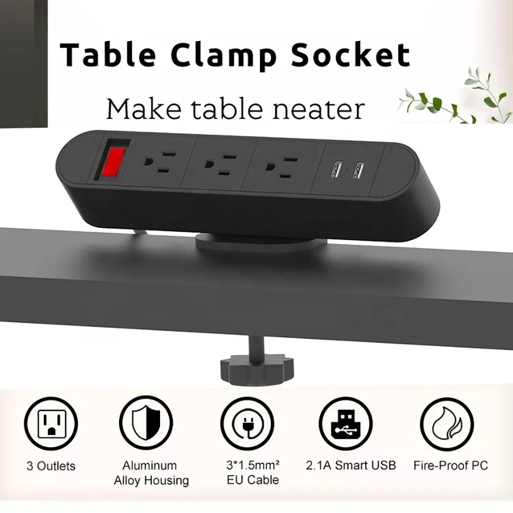 Melery US Plug Tabletop USB Socket Desk Edge Clamp On Power Strip Electrical Janpan Sockets 3 Outlet Mexico Table Mountable Home Office-Melery