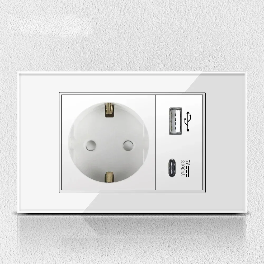 Melery Chile Italy Standard White Tempered Glass Home Office EU Outlet USb Type C Korea Wall Socket Light Pressure Switch 118-Melery