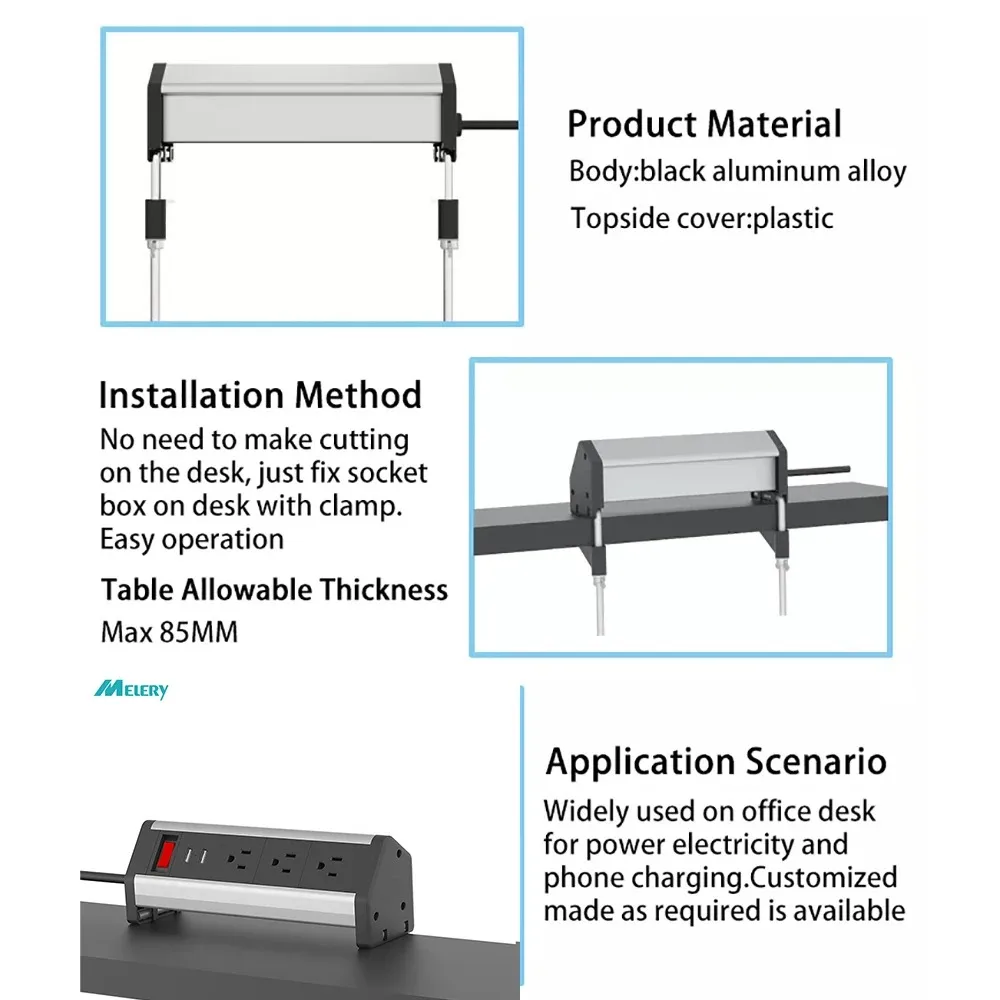 Melery  Stand Table Socket US Power Strip Clamp Electrical Plugs Outlets American 3 Ways USB Port for Cabinet Home Office Kitchen-Melery