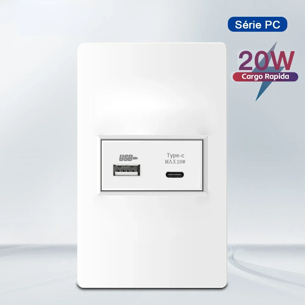 Melery  4*2 Brazilian Standard PC Flame Retardant Panel 20W Fast Charge Tpye-c USB Wall Socket, 118*74mm 2.1A 5V Outlet-Melery