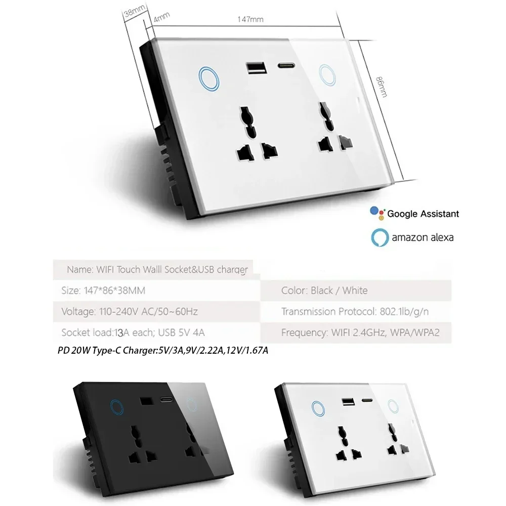 Melery  WIFI Wall Socket TYPE-C USB Universal Electrical Plug Outlet 13A Power Touch Switch Wireless Charge by Alexa Google Home-Melery