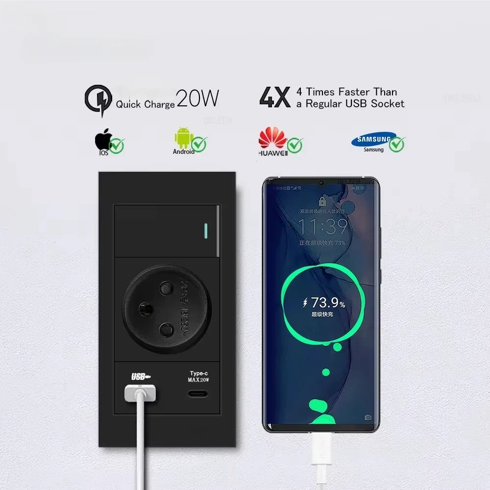 Melery Flame Retardant SC31 Panel 145mm Black Israel Standard USB TypeC Fast Charging Wall Socket Switch TV Tel CAT5 CAT6-Melery