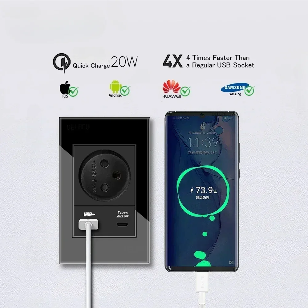 Melery Tempered Glass Israel Standard Wall Socket USB 20W Type C Fast Charging Satellite TV Tel CAT5 CAT6 Outlet Light Switch-Melery