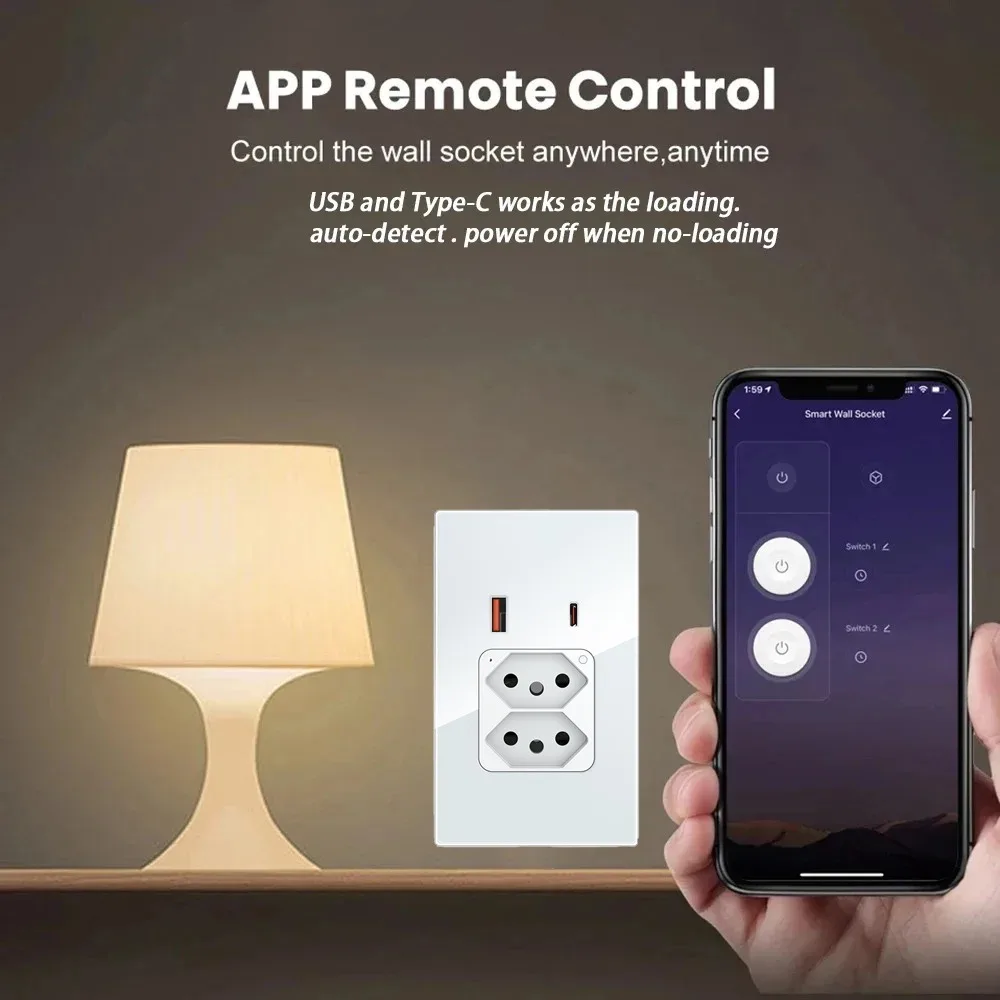 Melery Tuya Brazil Plug 20A WIFI Wall Socket USB Type-C PD 30W Smart Outlet Glass Panel Voice Remote by Google Home Alexa-Melery