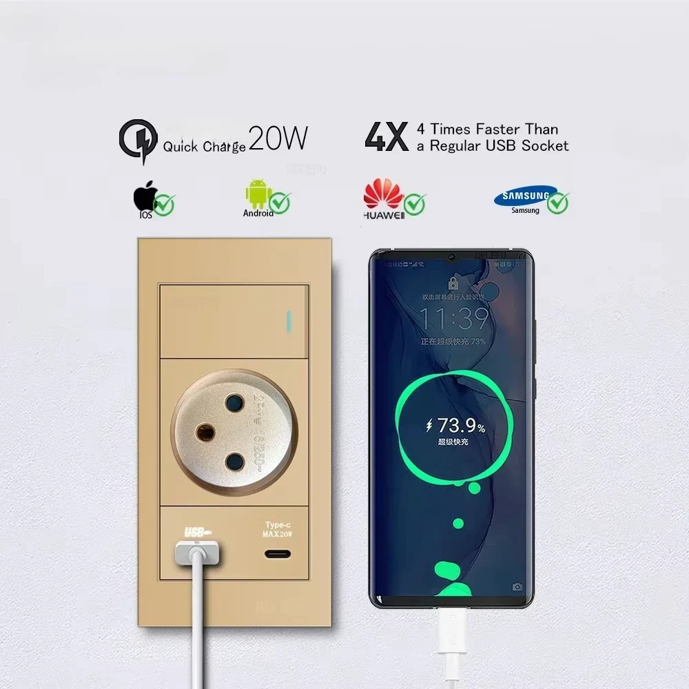 Melery Flame Retardant SC31 Panel 145mm Gold Israel Standard USB TypeC Fast Charging Wall Socket Switch TV Tel CAT5 CAT6-Melery