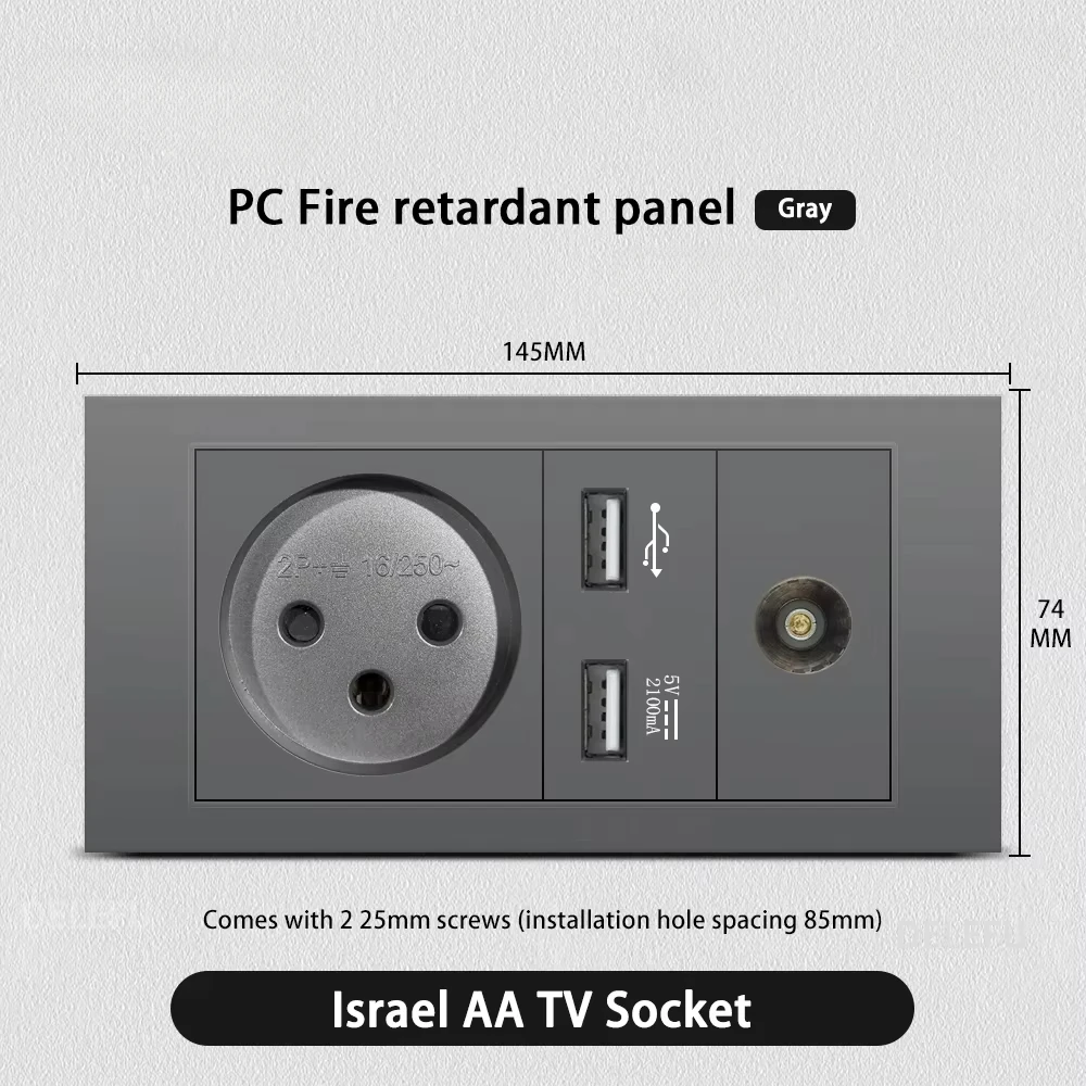Melery Flame Retardant SC31 Panel 145mm Gray Israel Standard USB TypeC Fast Charging Wall Socket Switch TV Tel CAT5 CAT6-Melery