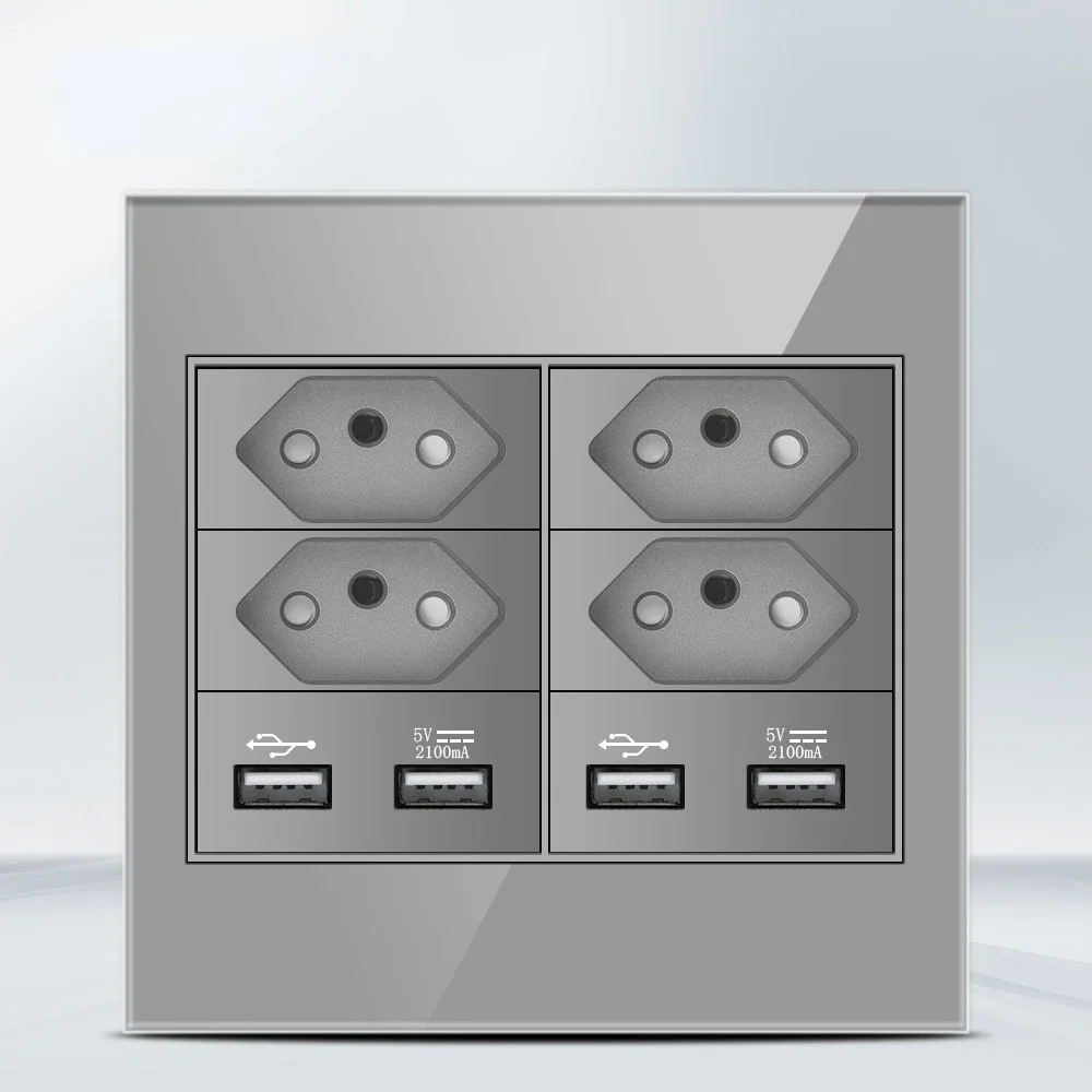 Melery  4x4 Fireproof Glass Panel Brazil Standard Outlet Double USB Type C 10/20W Wall Power Socket Light Switch Office Grey 20A-Melery