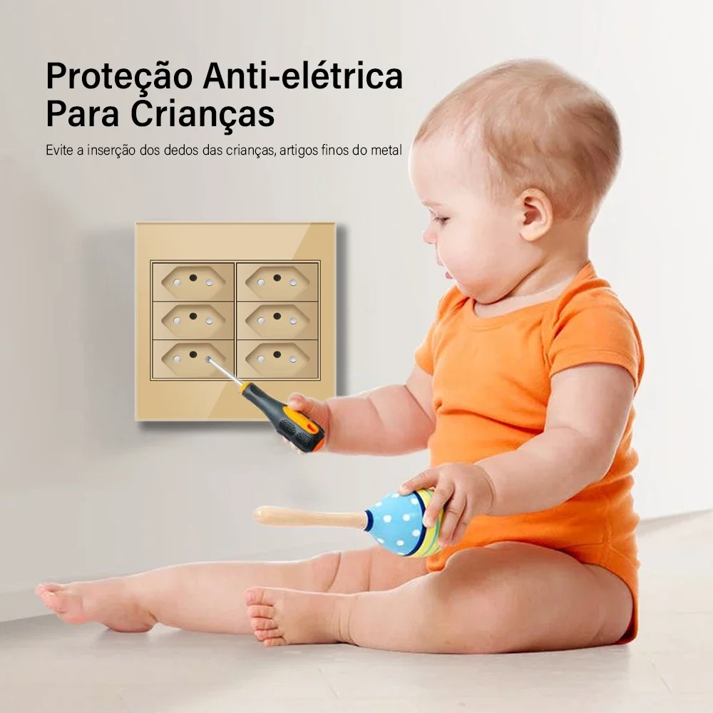 Melery  4x4 Fireproof Glass Panel Brazil Standard Outlet Double USB Type C Wall Power Socket Light Switch Office Golden 10A 20A-Melery