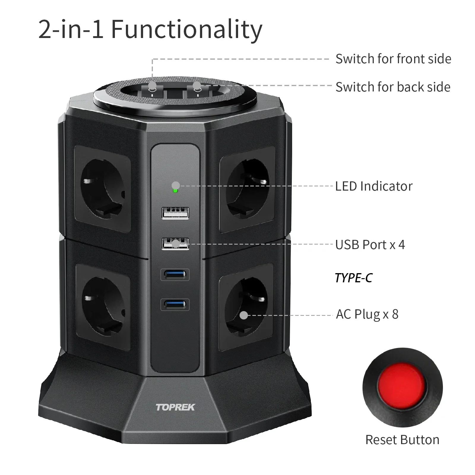 Meler Vertical Power Strip Surge Protector Multiple Sockets EU Electrical Plug Outlet USB Type-C Fast Charger 2m Extension Cable-Melery