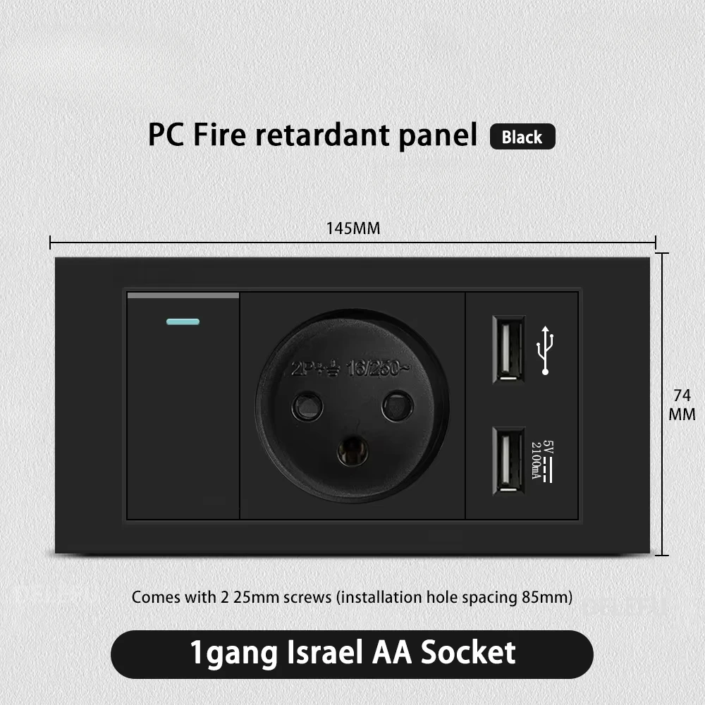 Melery Flame Retardant SC31 Panel 145mm Black Israel Standard USB TypeC Fast Charging Wall Socket Switch TV Tel CAT5 CAT6-Melery