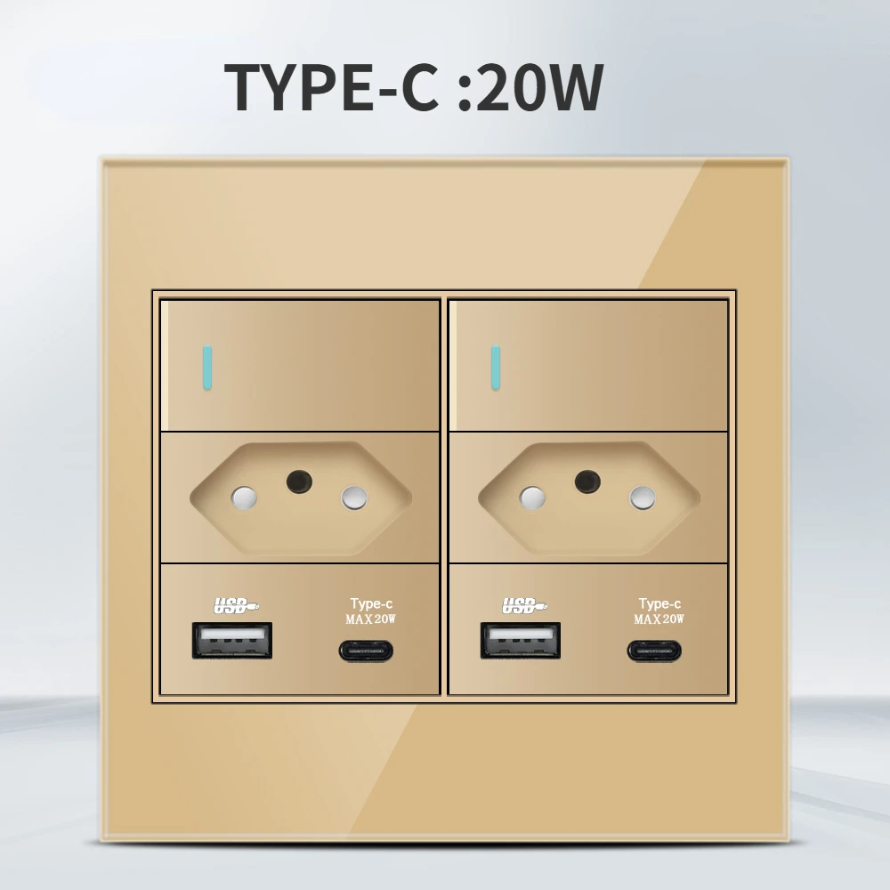 Melery  4x4 Fireproof Glass Panel Brazil Standard Outlet Double USB Type C Wall Power Socket Light Switch Office Golden 10A 20A-Melery