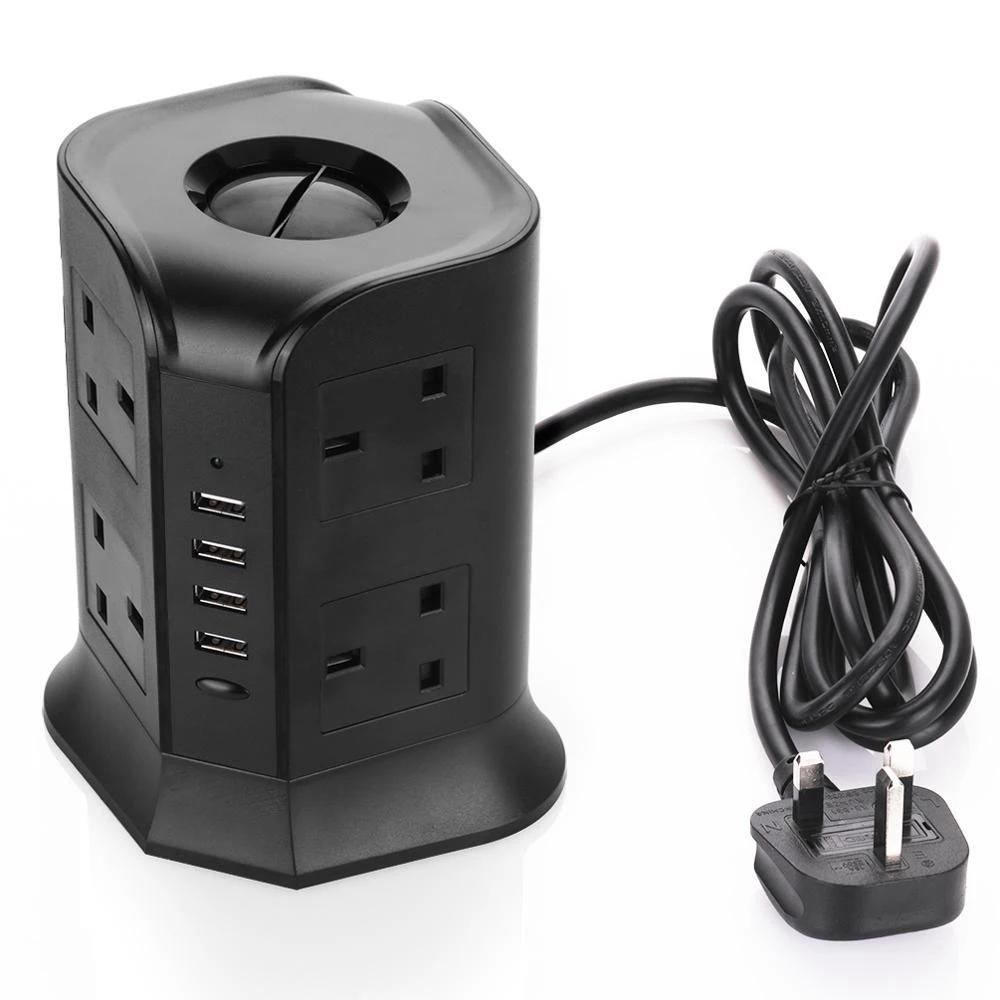 Melery UK Plug Vertical Power Strip British Extension Surge Protectors Tower 8 Outlet 4USB Sockets 2.1A Charge Port 6.5ft Cord 2m Cable-Melery