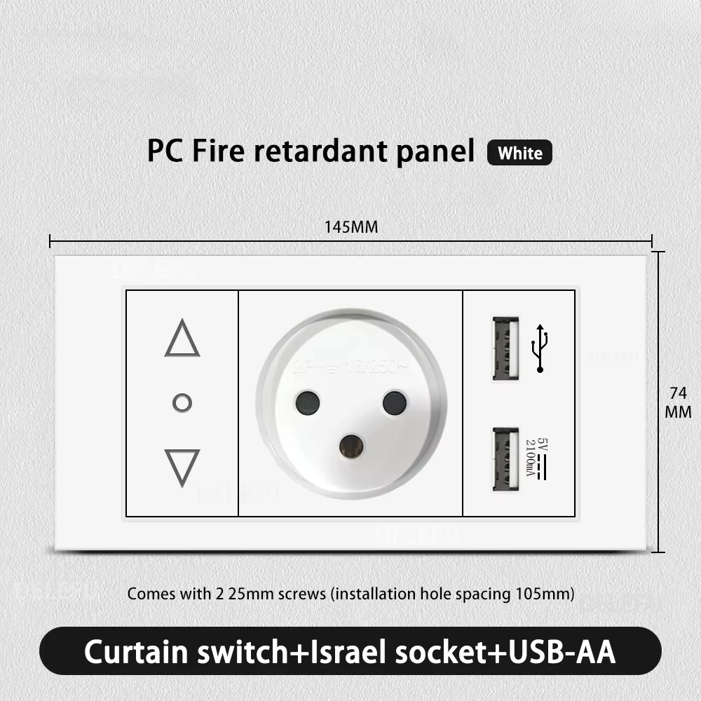 Melery Flame Retardant SC31 Panel 145mm White Israel Standard USB TypeC Fast Charging Wall Socket Switch TV Tel CAT5 CAT6-Melery