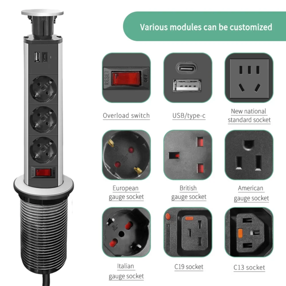 Melery  Table Socket Electrical Plug Brazil EU US UK AU FR Desk Power Strip Smart USB Type-C Hidden Outlet Home Office Kitchen-Melery