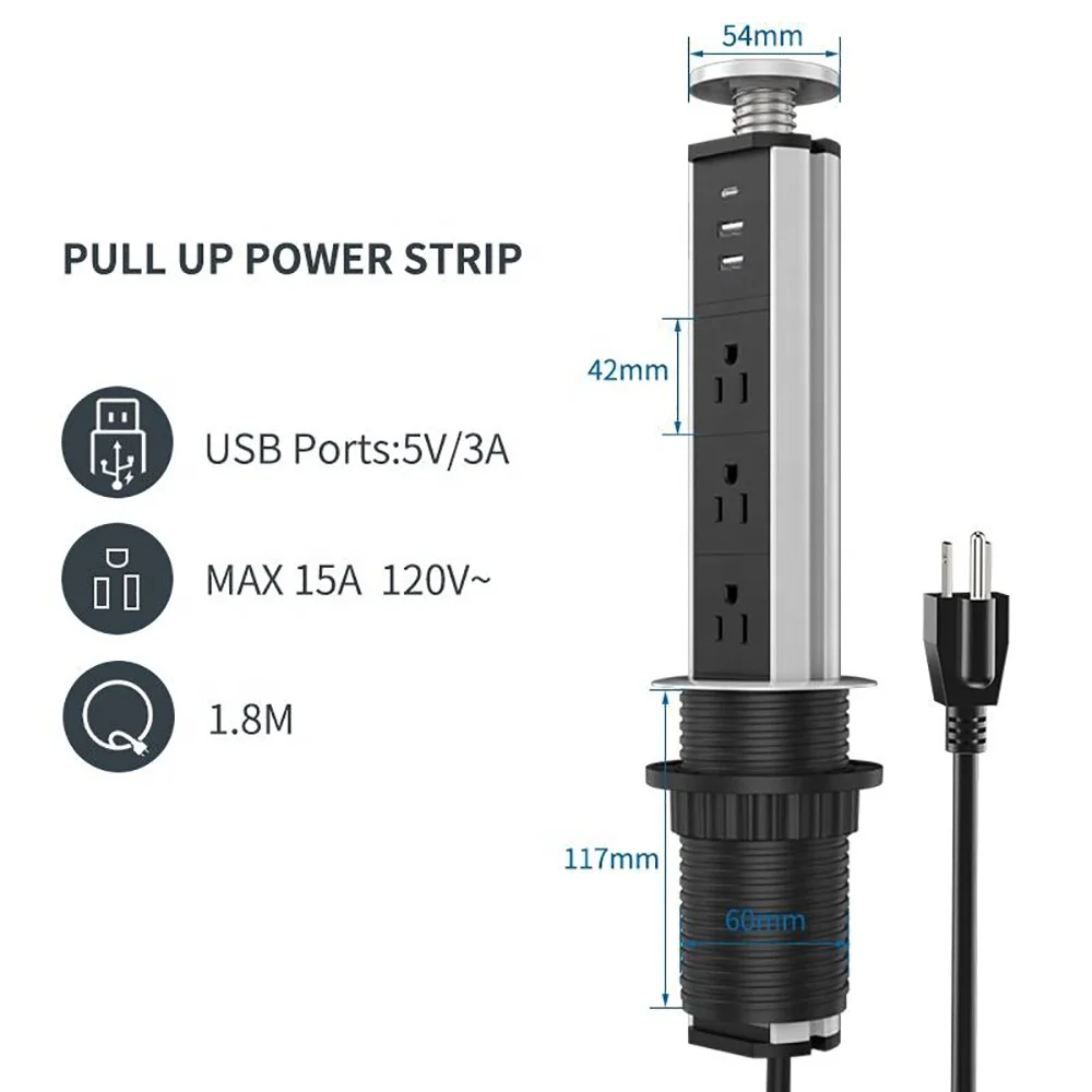 Melery  Tablet Socket Power Strip US Electric Plug Pop Up Desk Switch Outlet Hidden Kitchen USB Type-C harger 1.8m Extenstion Cord-Melery